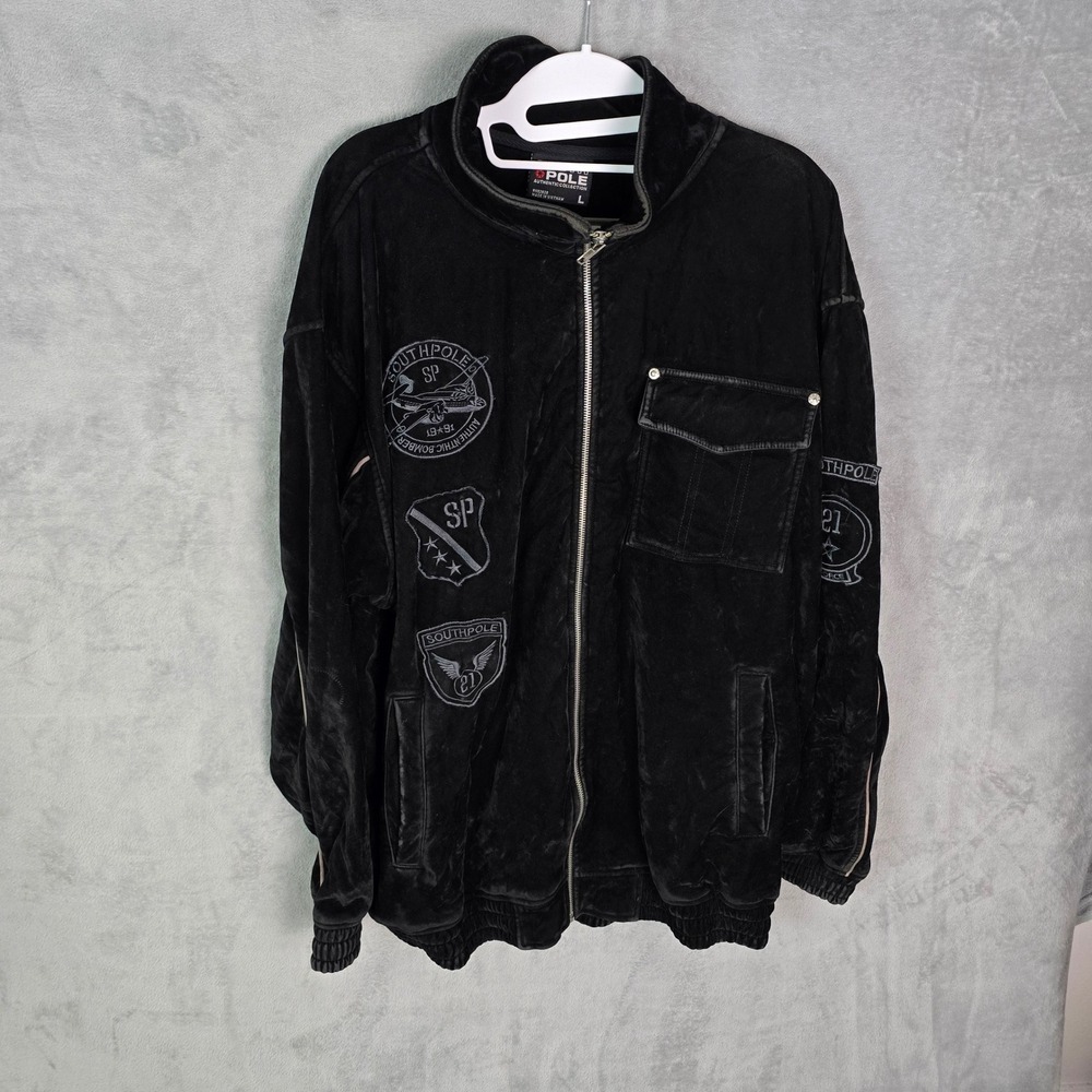 Vintage Southpole Black Velour Track Jacket Mens Large Y2K Baggy Hip Hop Patch
